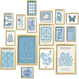 ANERZA 16 PCS 프레임 블루 월 아트 데코 침실용 마티스 프린트 갤러리 세트 거실 미학을 위한