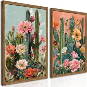 액자에 담긴 멕시코 선인장 캔버스 월 아트 세트 2개 빈티지 사막 꽃무늬 벽 장식 그림 사우스웨스턴 보호