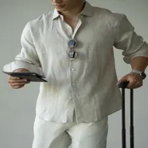 키체샵 캐주얼 가을 빈티지 남친 이태리 긴팔 통기성 솔리드 셔츠 린넨 가벼운 HO3