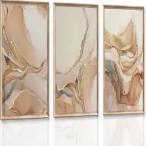 3pcs 모던 추상화 월 아트 베이지와 골드 플루이드 마블 캔버스 페인팅 거실 침실 사무실 홈 데코에 적합한