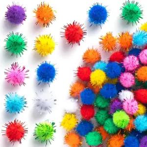 DC CLISENCE 200개 글리터 폼폼 공예용 소프트 반짝이는 푹신한 소형 DIY 장식 0.59인치 멀티컬러