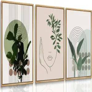 FJKLRP 3pcs 보호 월 아트 추상 라인 컬러 캔버스 인쇄 포스터 그린 플랜트 그림 거실 욕실 침실 벽 장식에
