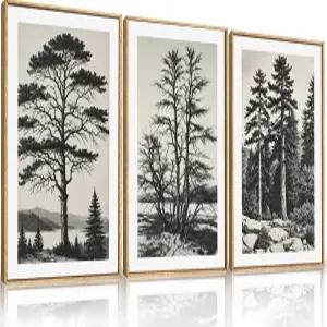 LHIUEM 대형 빈티지 스케치 트리 액자 벽 아트 세트 앤티크 블랙 앤 화이트 월 장식 자연 식물 호수