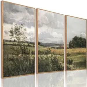 IBHJSART 액자 캔버스 빈티지 월 아트 랜드스케이프 장식 프린트 3개의 자연 시골 예술 레트로 페인팅 필드