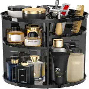 배니티를 위한 회전 메이크업 정리함 조절 가능한 트레이가 있는 360 스킨케어 책상 수납 카로셀 랙 화장실