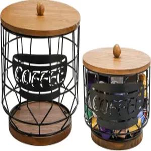 뚜껑이 있는 야룽 2팩 커피 포드 홀더 러스틱 나무 베이스가 대용량 K컵 필터 캡슐용 블랙 와이어 저장