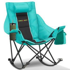 헤드레스트와 컵 홀더가 있는 유니사키 오버사이즈 흔들 캠핑 의자 - 400파운드 용량, 600D 옥스포드 패브릭, 캠핑용 이지 폴드 휴대용 야외 로커 의자, 뒷마당, 해변, 블랙그린