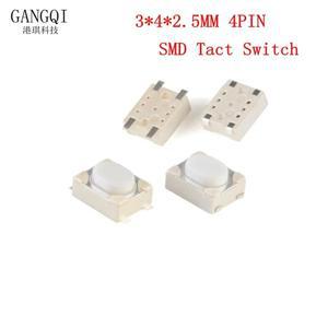100 개/몫 3*4*2.5mm SMD 택트 스위치 4 핀 터치 마이크로 푸시 버튼 흰색 자동차 원격 키 B