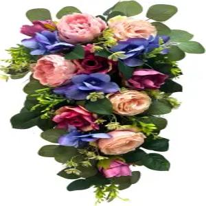 현관문용 Svndlyn 24인치 프리라이트 모란 로즈 플로럴 스웨그 - 타이머가 있는 티어드롭 스프링 화환