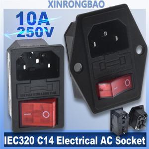 IEC320 C14 전기 AC 소켓 3 핀 빨간색 LED 250V 로커 스위치 10A 퓨즈 암 수 입구 플러그 커넥터 내장형 마