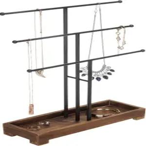 마이기프트 3단 블랙 메탈 티바 주얼리 정리대 목걸이 및 팔찌 걸이식 브라운 우드 링 트레이 포함