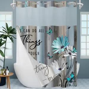 라이너 러스틱 청록색 데이지 꽃에 스냅이 있는 AZHM 노 훅 샤워 커튼 욕실 장식용 상단 창문 이중 레이어