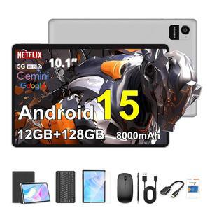 Crelander 10.1인치 안드로이드 15 태블릿, 12GB+128GB Wi-Fi/블루투스, 터치스크린, 키보드, 및 1280x800 5G (그레이) 8000mAh 배터리, 번들 마우스 스타일러스 케이스,