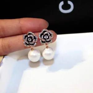 블랙 큐빅 로즈 데일리 진주 귀걸이