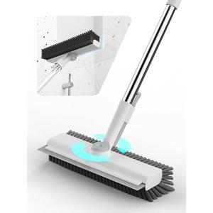 긴 손잡이가 있는 HelpX 바닥 스크럽 브러시, 3 in 1 긁힘 및 고강도 뻣뻣한 강모 스퀴지 트위저가 타일 벽 데크 욕실 파티오 차고 주방(흰색) 청소용