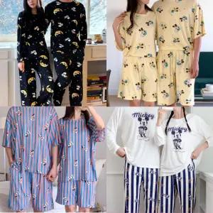 디즈니 커플 잠옷 남성 여성 긴팔 반팔 반바지 여름 사계절 미키 마우스 스누피 패밀리 스판 파자마 홈웨어