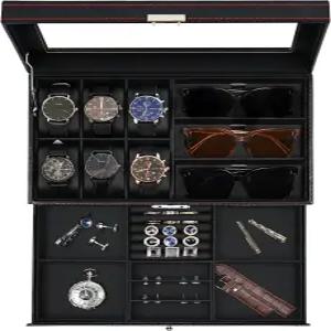 남성용 주얼리 박스 6 슬롯 시계 케이스 및 3 선글라스 정리함 잠금식 PU 가죽 링 팔찌용 서랍 포함