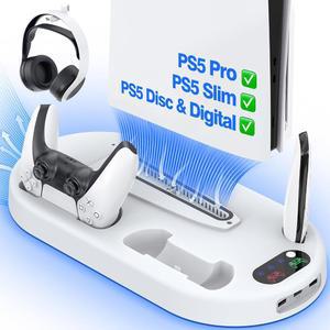 [미국배송] AMZDM 냉각 스테이션 PS5 슬림 스탠드 프로 팬 충전 플레이스테이션 5 콘솔 쿨러 도킹 컨트롤러 충전기 및 디스크 디지털 화이트