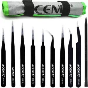 ACENIX 10개 세트 전문 정밀 ESD 정전기 방지 스테인리스 스틸 핀셋 유지 관리 도구 전자제품 보석 제조