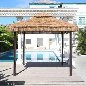 야외 정자 볏짚 캠핑장 초가 오두막 방갈로 바베큐