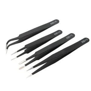 AKOAK 4개 ESD 핀셋 세트 속눈썹 연장용 정전기 방지 스테인리스 스틸 - 직선 및 곡선 팁 블랙