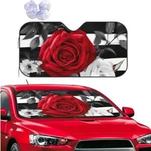 블랙 화이트 스트라이프 레드 로즈 플라워 자동차 앞유리 자외선 차단제 접이식 커버 액세서리가 차량을