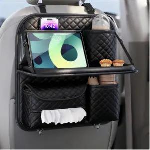 접이식 테이블 트레이가 있는 가죽 자동차 뒷좌석 정리함 태블릿 홀더가 걸이식 보관 가방 카시트 등받이