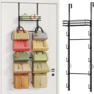 HapiRm 오버 더 도어 지갑 정리함 10개의 후크와 금속 바구니가 있는 벽걸이 걸이 핸드백 최대 가방을