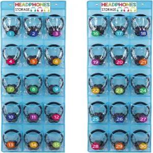 문 위에 빈크림 2개 교실 헤드폰 보관 정리함 30 PVC 클리어 포켓과 2개의 보관함 카드 디지털 스티커 블루