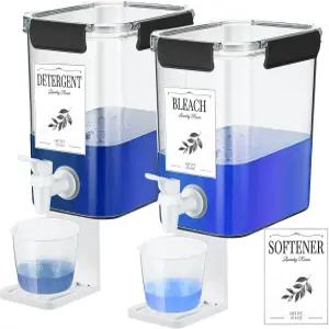 Soooo 2개 세탁 세제 디스펜서 67.6온스 액체 비누 디스펜서세탁실용 수도꼭지 포함 홀더레이블 및 계량컵