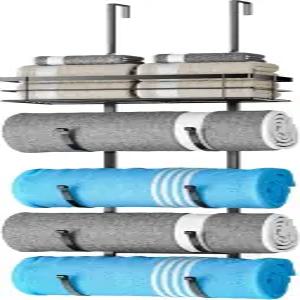 오버 더 도어 타월 랙 금속 선반이 있는 5단 노 드릴 보관 정리함 작은 욕실용 목욕 홀더 캠핑카 RV 블랙