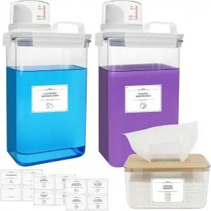 2+1 팩 세탁 세제 디스펜서 및 건조 시트 홀더 세트 78온스 비누 12개 라벨의 세탁실 정리용 플라스틱 액체