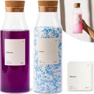 KIVY 유리 세탁 세제 디스펜서 라벨 2개 세트 세탁실 정리 장식용 병 액체 및 섬유 유연제용 향기 구슬