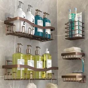 접착 샤워 캐디 드릴링 목욕 정리함 없음 5팩 비누 홀더 및 칫솔 있는 방청 선반 욕실 보관함 브론즈