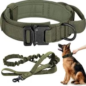 중형 및 대형견을 위한 핸들 금속 버클이 있는 전술 개 목걸이 목줄 세트 헤비 듀티 군용 목걸이아미 그린