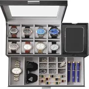 다자산 시계 상자 남성용 케이스 유리 뚜껑이 있는 8 슬롯 디스플레이 대형 홀더 정리함 선글라스 보관