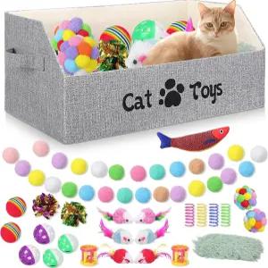 실내 고양이를 위한 조피얼 55개 장난감 상자 대형 정리 바구니 통 포함 베개 물고기 다채로운 벨볼