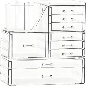 9개의 서랍이 있는 샤인미 클리어 메이크업 오거나이저 회전 브러시 홀더가 3단 스태커블 보관 베니티