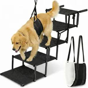 대형견을 위한 자동차용 개 계단 5단계 접이식 200파운드 용량 미끄럼 방지 러그 XL 트 하네스 포함