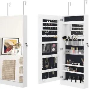 SDHYL 주얼리 정리함 42.5인치 H 월/도어 장착 미러 캐비닛 LED 조명 포함 잠금식 보관함 흰색