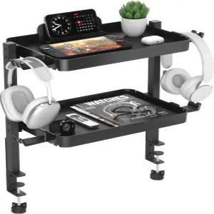 책상 정리함에 KDD 클램프 대용량 트레이 휴대폰 및 태블릿 홀더 헤드폰 후크가 있는 조절 가능한 2단 선반