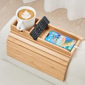 GEHE 소파 컵 홀더 낙하 방지 암 트레이 가족에게 더 안전한 천연 대나무 원격 간식 전화 음료를 위한