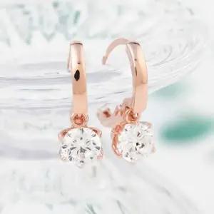 여자귀걸이 금침 로즈골드 원터치링 화이트 큐빅 드롭 귀걸이 14K