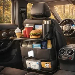 백시트 카 정리함 1팩 조절 가능한 접이식 테이블 트레이 포함 대용량 터치스크린 태블릿 홀더 방수 PU