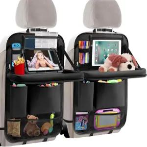 태블릿 홀더 6개의 수납 포켓 접이식 푸드 트레이 카시트 백 프로텍터 킥 매트 여행용 액세서리 검은색이