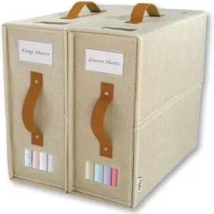 2팩 세트 침대 시트 정리함 PU 가죽 손잡이와 듀얼 라벨이 있는 프리미엄 린넨 보관함 킹/퀸 맞습니다 옷장