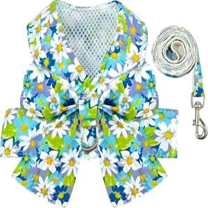보우 매듭이 있는 BAEJMJK 개 하네스 및 목줄 세트 반려동물 데이지 꽃 D링 소프트 메시 조끼 탈출 방지
