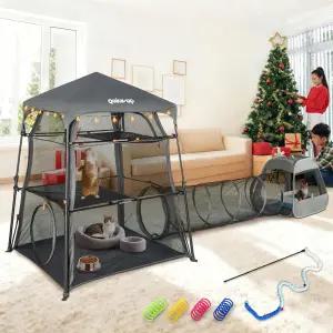 실내외 고양이 사육장 타워 텐트 3단 케이지 인사이드 실외 카티오 휴대 및 접이식 투 도어 디자인 터널