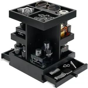 듀얼 서랍 다층 블랙 나무 향수 정리함 홀더 및 보석 보관함을 갖춘 남성용 VYNOPA 쾰른 욕실 또는