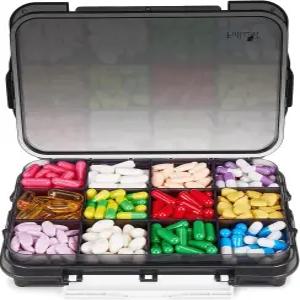 12개의 초대형 수납공간이 있는 풀리콘 데일리 여행용 수분 차단 알약 케이스 3개의 안전한 버클이 정리함